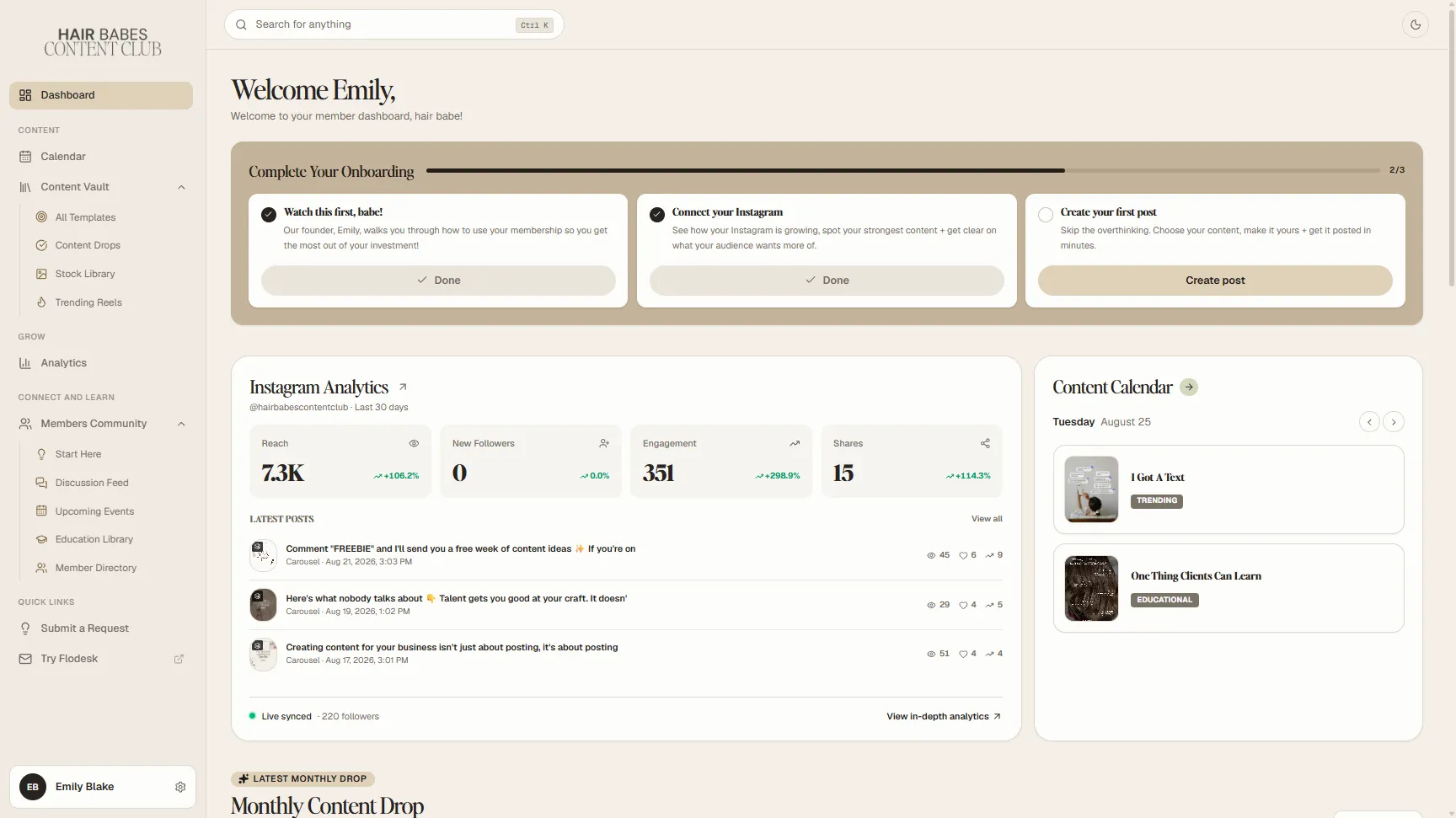 Member dashboard of the Hair Babes Content Club